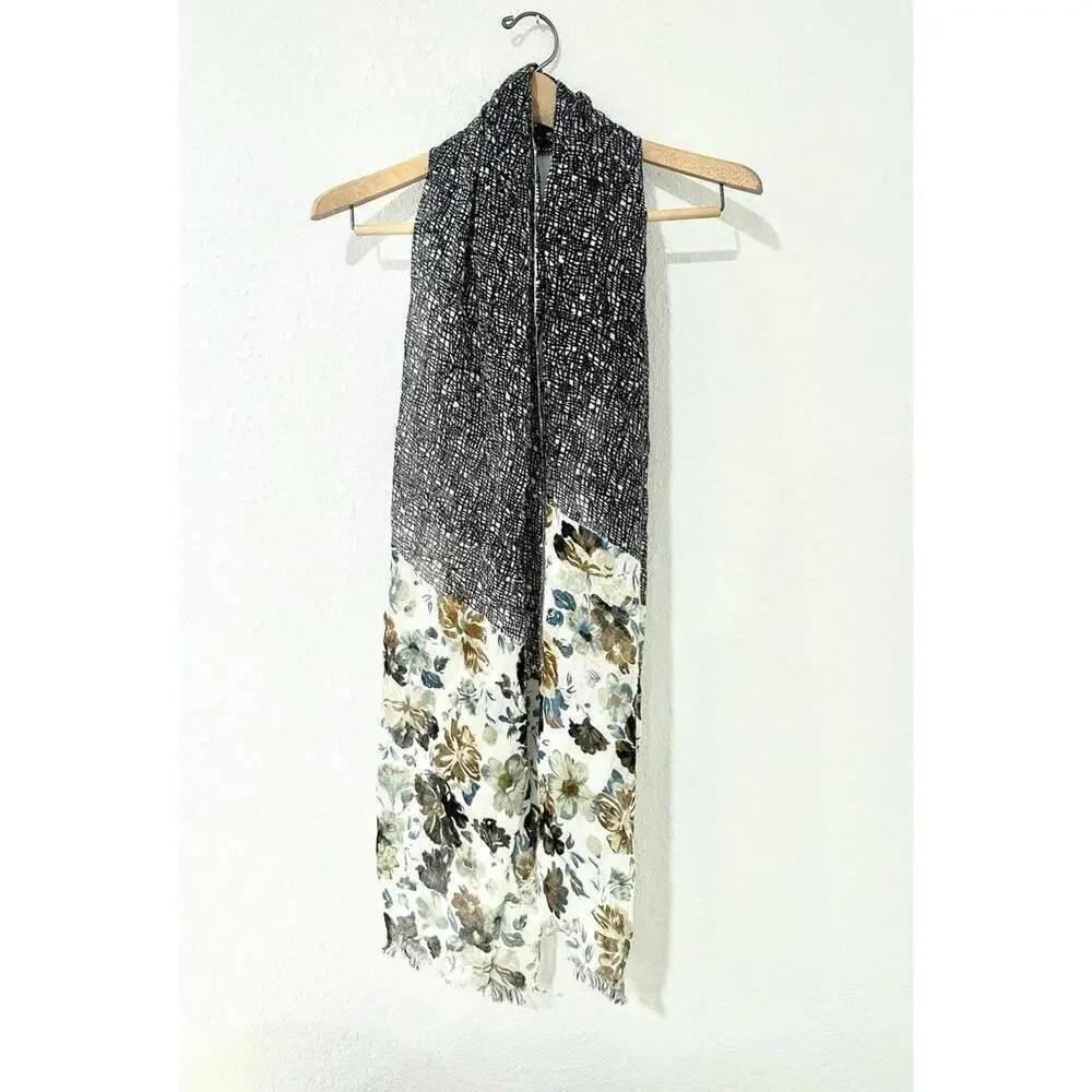 Womens Scarf Floral Theme Blue Black Brown Lightweight Fringe 100% Viscose